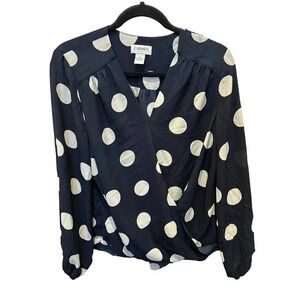 Carmen Marc Valvo Women's Navy Blue Long Sleeves Polka Dot Blouse Size Large‎